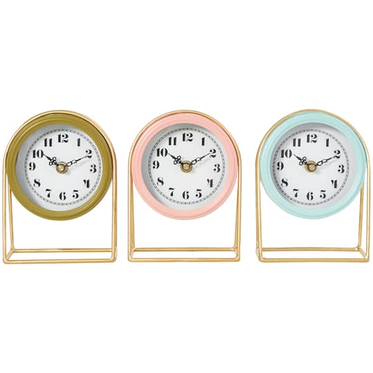7" Multicolor Pastel Metal Tabletop Clock Set with Gold Frames, 3ct.